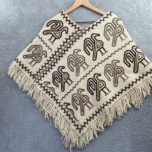 Wool Poncho Native Tribal Embroidered Birds Fringe Natural Boho Vintage Pullover